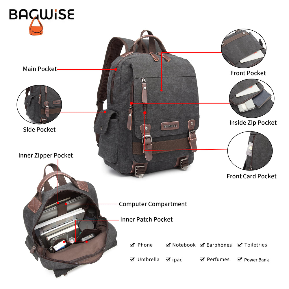 Canvas Backpack – Water Repellent Vegan Leather Laptop Backpack Unisex Black Anthracite