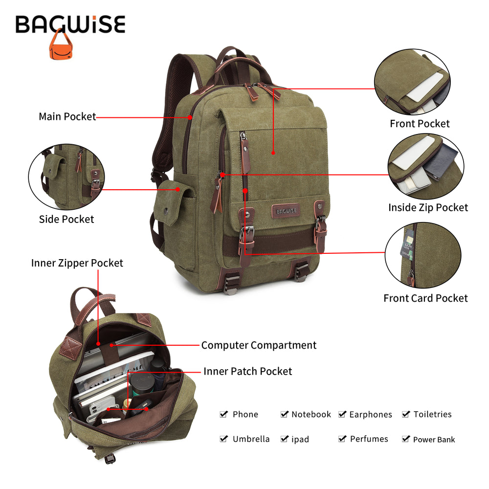 Canvas Backpack – Water Repellent Vegan Leather Laptop Backpack Unisex Dark Green