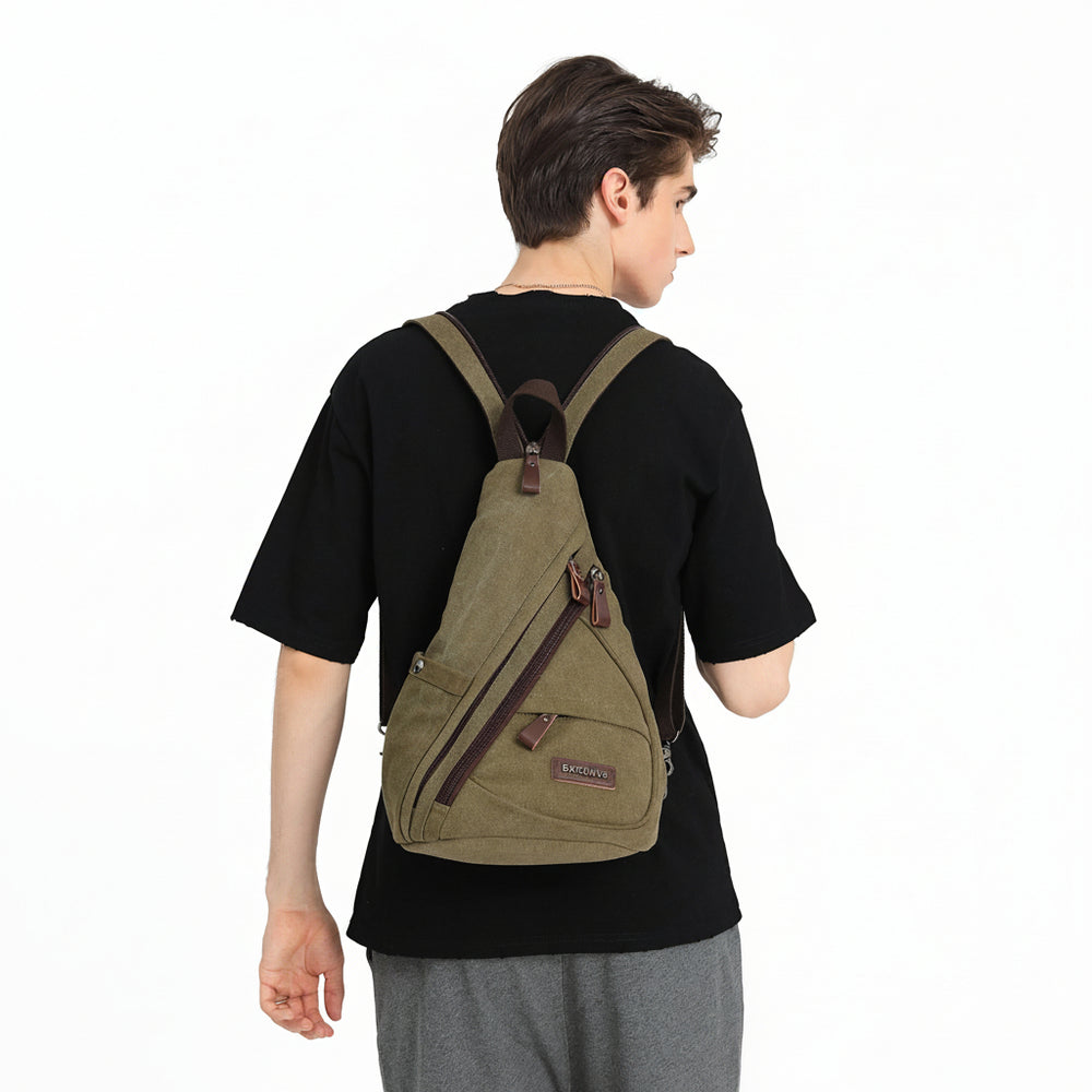 Canvas Sling Backpack – Water Repellent Vegan Leather Anti-Theft Unisex Dark Green