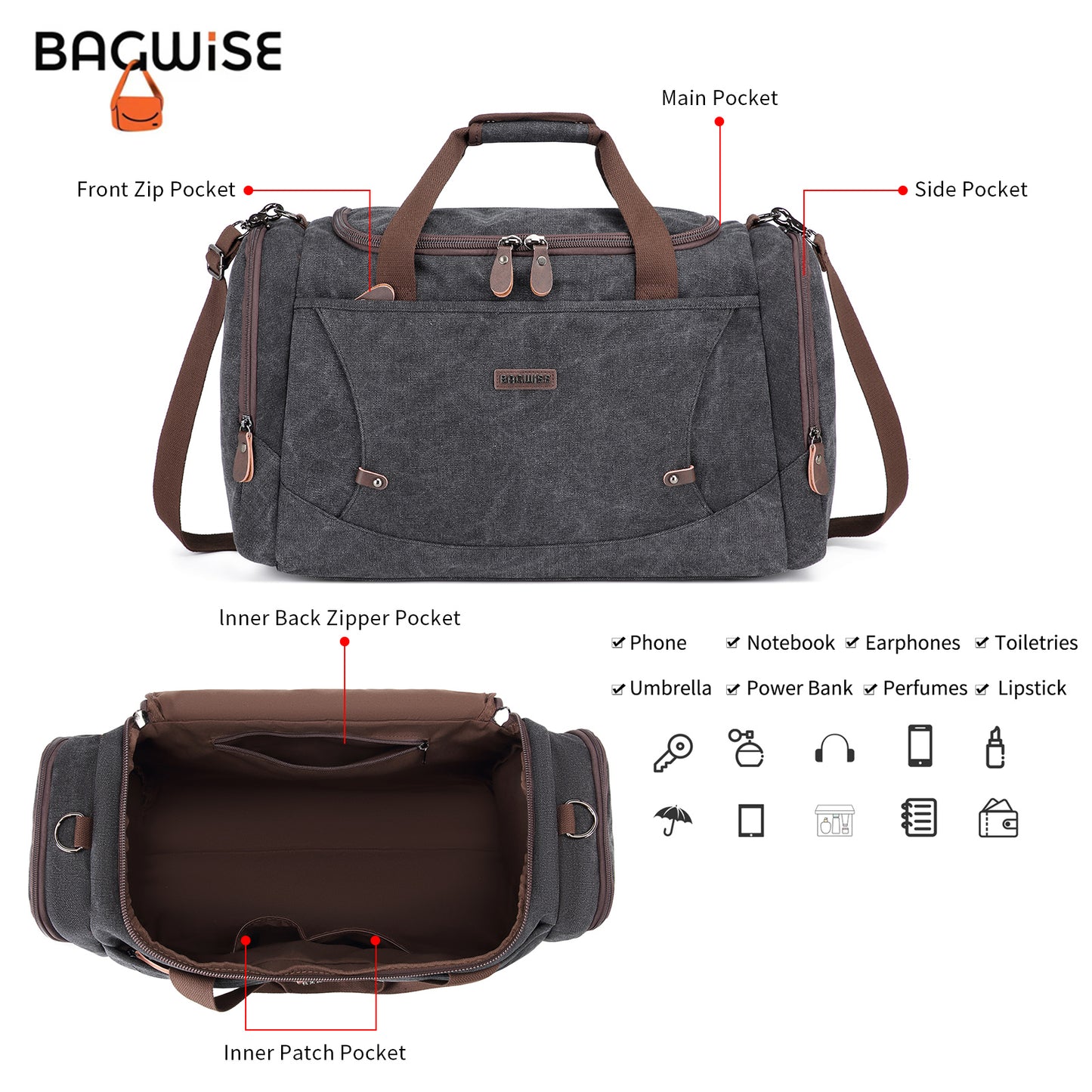Canvas Duffle Bag for Travel Water Repellent Sport Gym Bag for Men Women 1320 Black