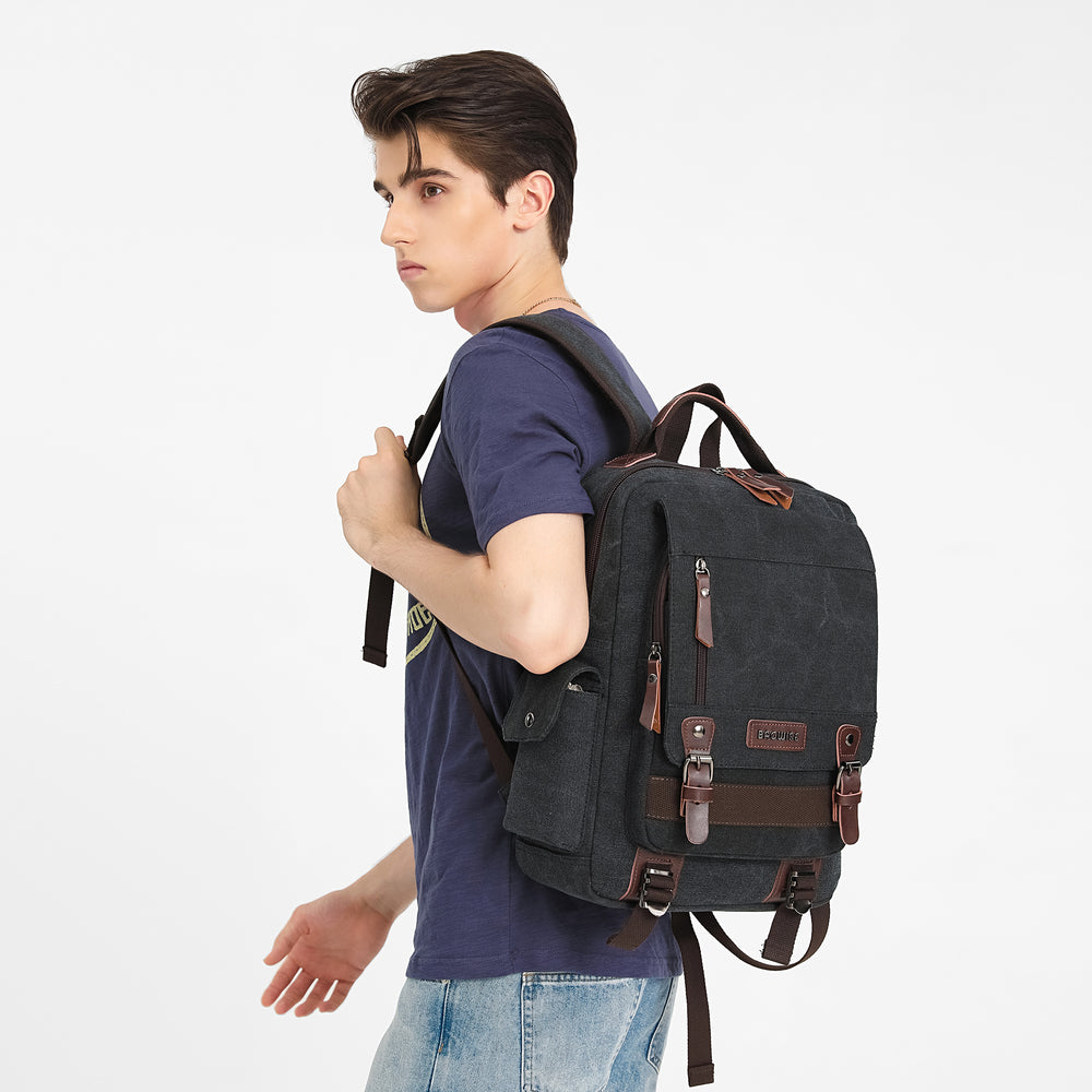 Canvas Backpack – Water Repellent Vegan Leather Laptop Backpack Unisex Black Anthracite