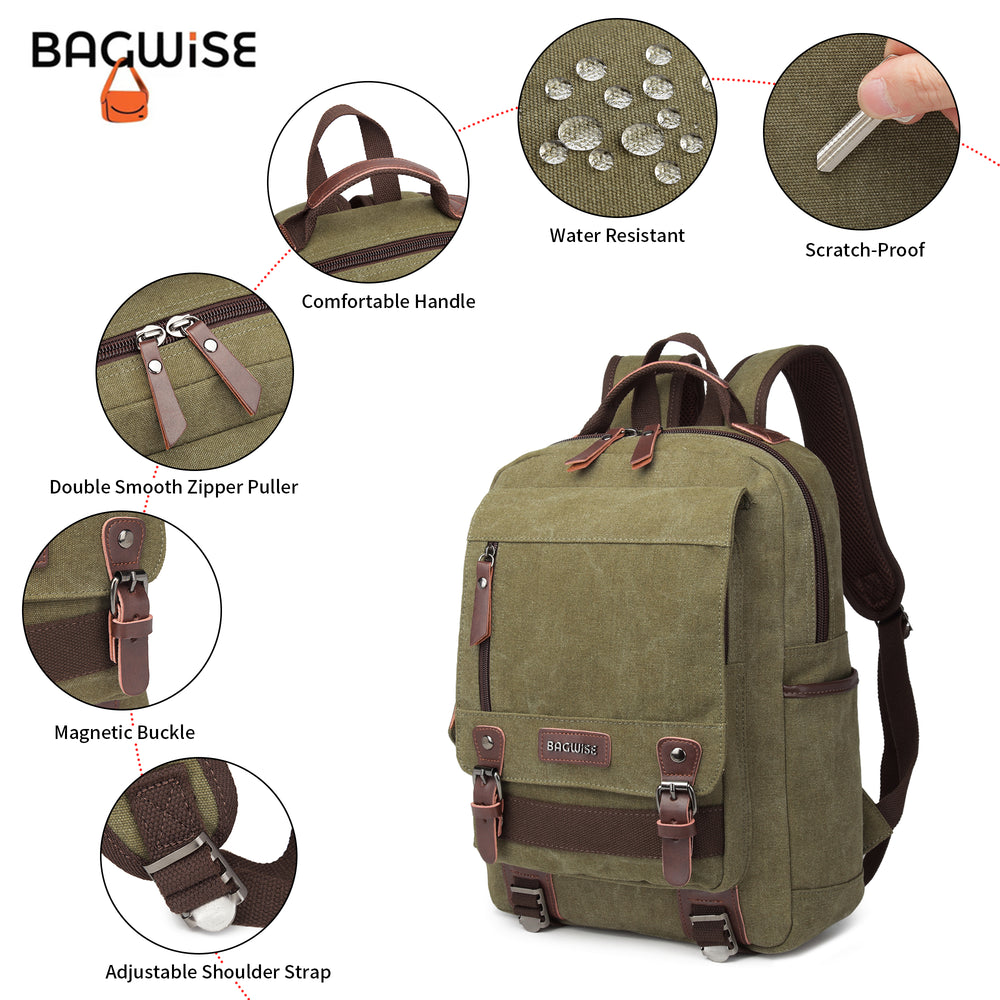 Canvas Backpack – Water Repellent Vegan Leather Laptop Backpack Unisex Dark Green