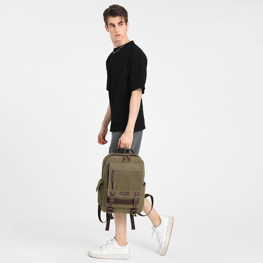 Canvas Backpack – Water Repellent Vegan Leather Laptop Backpack Unisex Dark Green