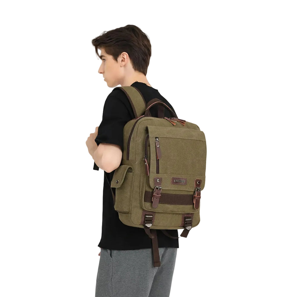 Canvas Backpack – Water Repellent Vegan Leather Laptop Backpack Unisex Dark Green