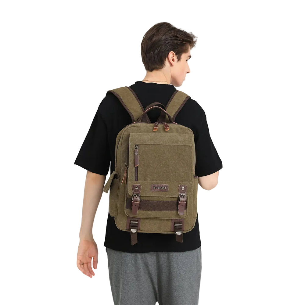 Canvas Backpack – Water Repellent Vegan Leather Laptop Backpack Unisex Dark Green