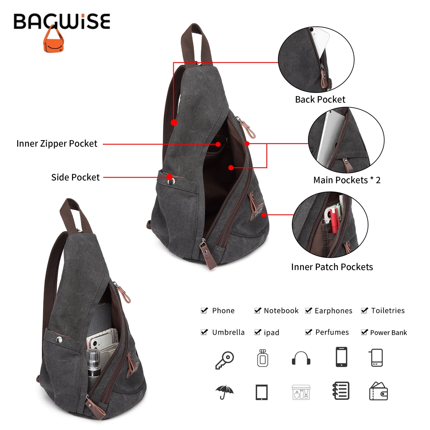 BAGWISE Canvas Sling Bag Backpack - 1276 - Black