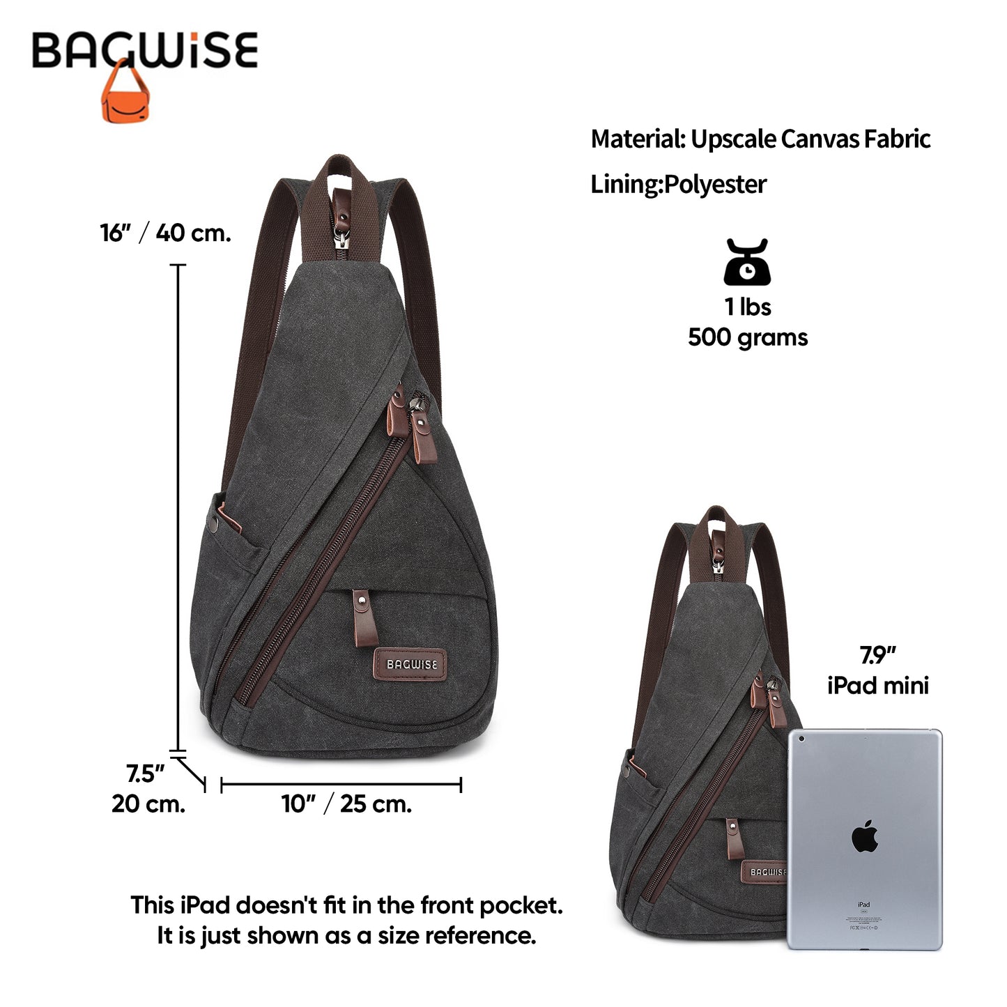 BAGWISE Canvas Sling Bag Backpack - 1276 - Black