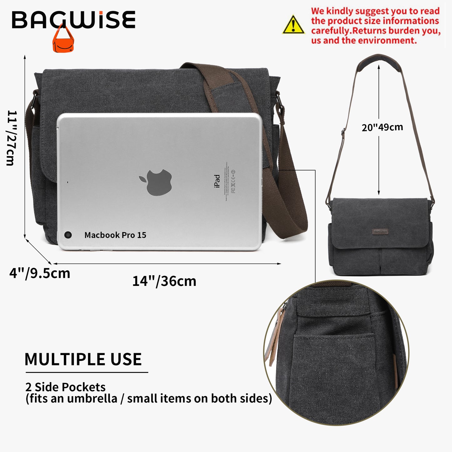 BAGWISE Canvas Crossbody Messenger Laptop Bag - 1305 - Black
