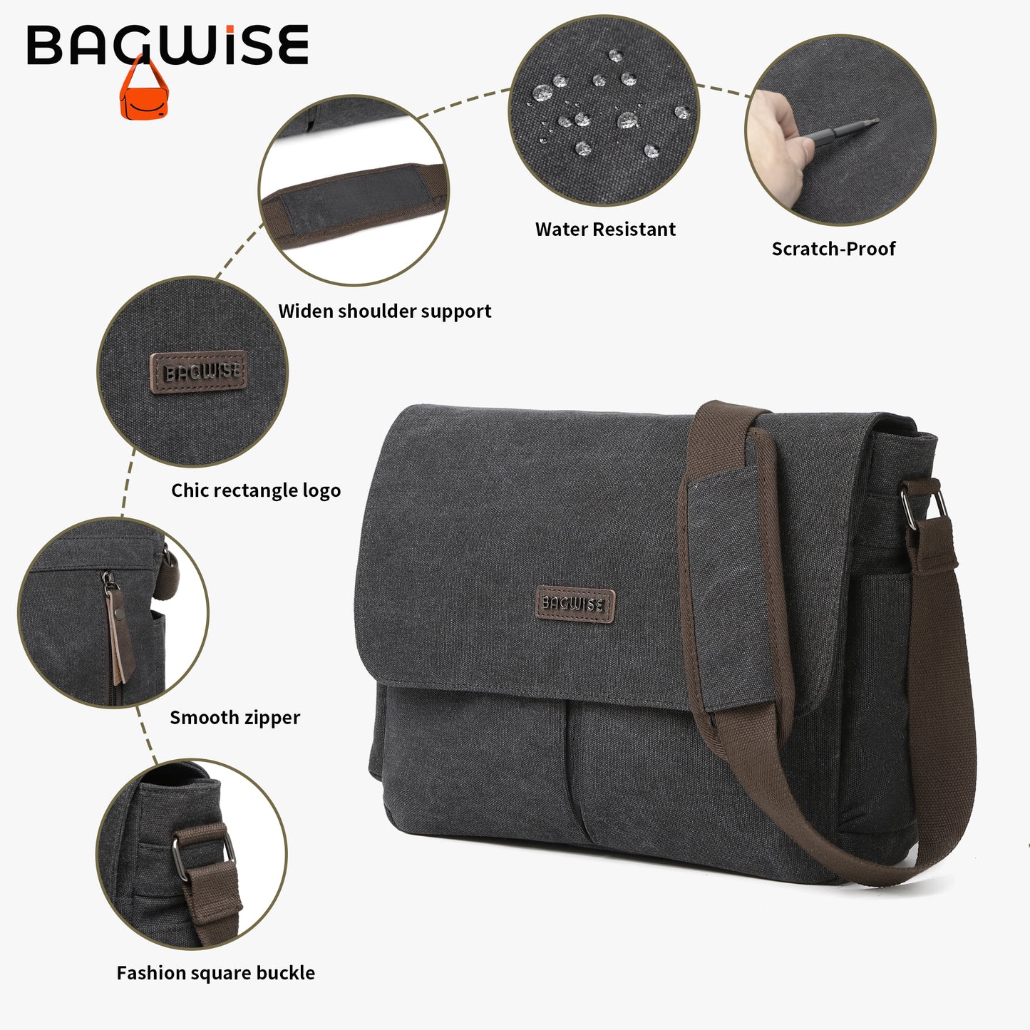 BAGWISE Canvas Crossbody Messenger Laptop Bag - 1305 - Black