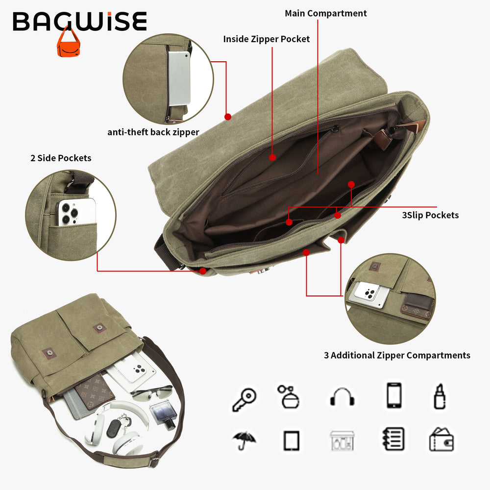 Canvas Crossbody Messenger Bag – Laptop Shoulder Bag Army Green